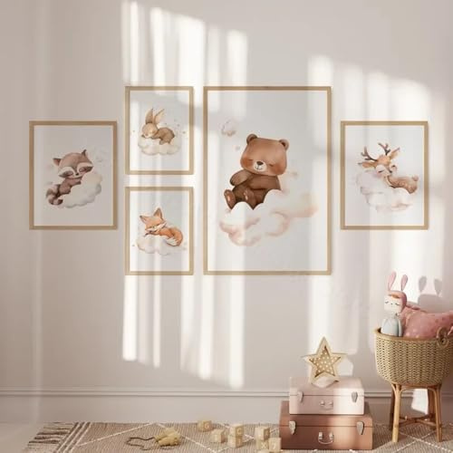 Bilder Kinderzimmer Jungen Tiere Wolken Bär Bild Babyzimmer Beige Poster Kinder Jungen Wandbilder Leinwand Boho Baby Zimmer Deko Beige