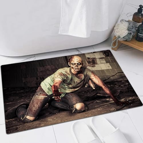 FSDGY Badvorleger Fußmatte Flauschig Teppich Badezimmerteppich Duschmatte für Bade & Wohnzimmer Schlafzimmer,Zombie-Dekor, Halloween, gruseliger Toter Mann in einem Alten Gebäude mit blutig,40x60 cm