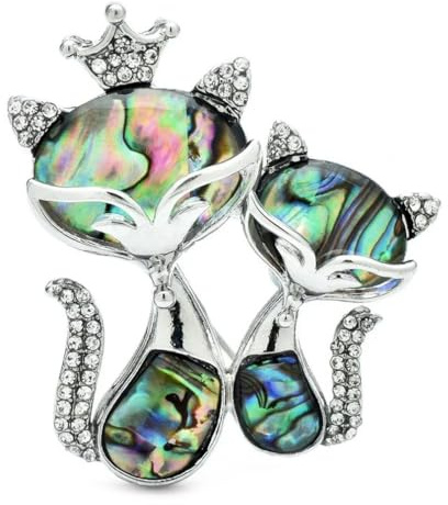 Abalone-Muschel-Katzen-Brosche für Damen, Uni, Kronen-Brosche, Tier, Party, legere Brosche, Stein Glas Stein: Emaille Glas, Zirkonia Achat Obsidian