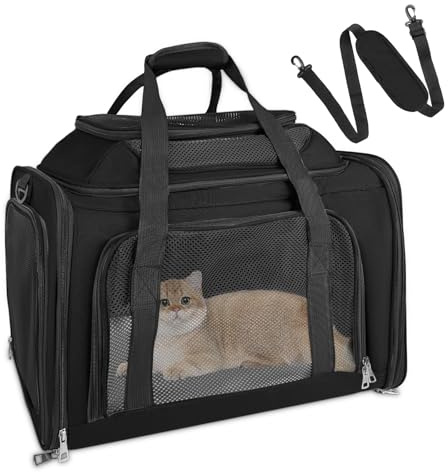 Lohofrnny Transporttasche Katze, Transporttasche für Katze Hund Hund bis zu 8kg, Tragbar Faltbare Haustier Tragetaschen mit Schultergurt für Mittel Kleine Haustiere (Schwarz, 43x28x36cm)