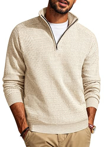 PJ PAUL JONES Pullover Herren Stehkragen Troyer Pullover mit Reißverschluss Strickpullover Beige M