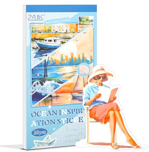 Snylcce Blaue Ozean-Serie Stickerbuch - 20 Blätter Vintage PET-Aufkleber für Scrapbooking & Junk-Journaling - Vorgeschnittene maritime Designs