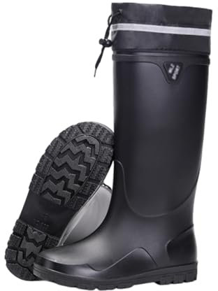Stivali Pesca AntiscivoloUomo, Stivali da Pioggia da Lavoro in Gomma con Ginocchio Alto E Impermeabile Uomo con PVC, Scarpe Pioggia Giardino Regolabili con Corda alla Moda, per Nautica(Black,39 EU)