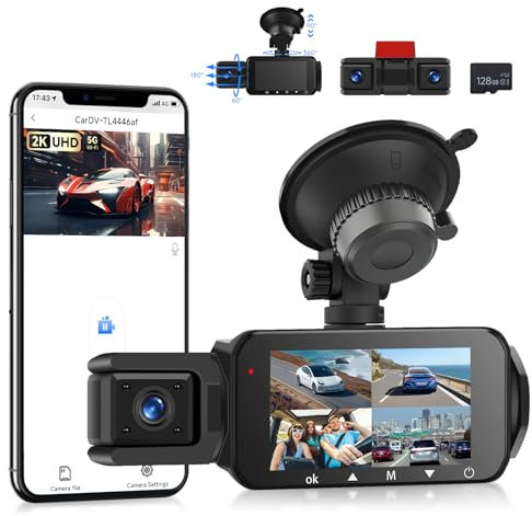 VECHTEL 2K Wi-Fi Dashcam Auto mit APP 1080P Autokamera, 3-Zoll-IPS-Bildschirm Dashcam Auto mit Ultra Nachtsicht Daschcam, 128-GB-Karte, G-Sensor, 24H Parküberwachung, Loop-Aufnahme, Rückfahrassistent