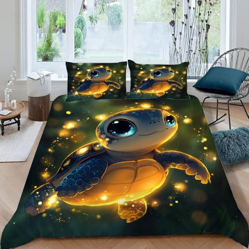Generisch Niedliche Schildkröte Bettwäsche 135X200 cm Kinder Junge Mädchen 3D Effekt Bettbezug Jugendliche Bettwäsche-Set Mikrofaser Bettbezug Mit Reißverschluss Und 2 Kissenbezug 80X80Cm