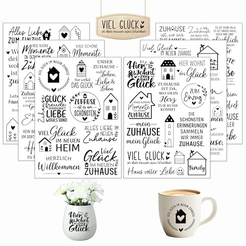 Rub On Sticker, 6 Stück A5 Transfer Aufkleber Sprüche Einzug Wasserfest | Lustige & Liebevolle Schriftzüge zum Kleben, Aufkleber für Glas, Möbel & Wohnung Deko, für Fotoalbum, DIY Basteln, & Deko