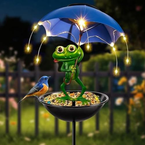HpLive 97cm Solar Vogelfutterhaus Frosch Gartendekoration mit LED Beleuchtung Metallständer Outdoor Dekoratives Futterstation