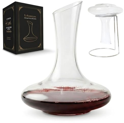 Decantador de vino de cristal premium con soporte metálico para secado y decoración - base ancha y capacidad de 1800 ml para oxigenación rápida y mejor aroma – accesorios de vino ideales para regalo