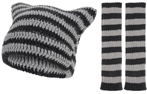 Utensilsto Y2k Katzenmütze Damen Grunge Clothes mit Katzenohren Beanie und Armstulpen Y2K Fashion Accessoires Emo Clothes für Damen und Mädchen