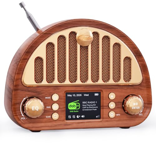 ROCAM Radio Vintage Portatile DAB+/DAB/FM con Bluetooth & 3000mAh Batteria | Lunga Durata Della Batteria, Segnale Ultra Potente, Altoparlanti Stereo, Sveglia, 80 Stazioni Preimpostate, 12 Lingue
