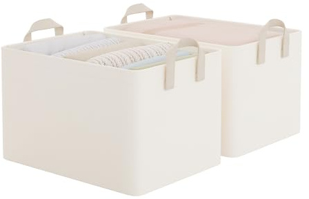 StorageWorks Aufbewahrungskorb Stoff, große Boxen Aufbewahrung mit Metallrahmen, Aufbewahrungsbox für Kleidung, Organizer Box mit Griffen, Faltboxen für Regale, Kleiderschrank, beige, 2 Stück
