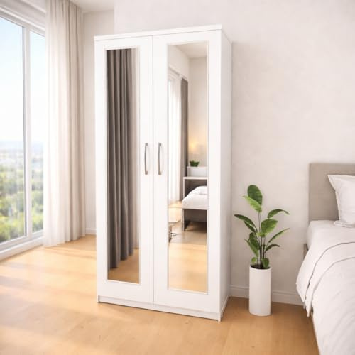 2 Door Mirrored Wardrobe, White and Oak, 78x50x184 cm, Pre-Assembled Storage Cabinet (White)
