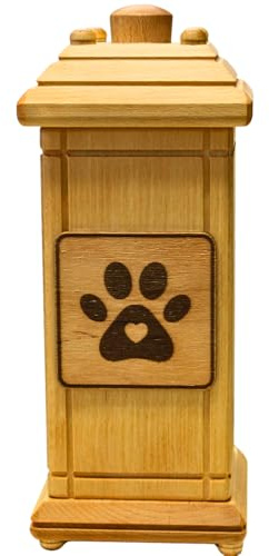 Würdevolle schlichte Tierurne, Urne für Hunde, Andenkurne Hund, Hundeandenken, Aschebox für Hunde, Andenkbox, Holzurne groß, Hundeurne mit Pfotenabdruck aus massivem Buchenholz, L/B/H 12 x 12 x 30 cm.