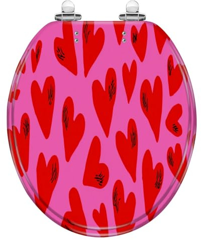 Valentine's Round Resin Toilet Seat, Cute Romantic Pink Red Love Heart Seamless Print, Slow Quiet Close Lid, Quick-Release Hinges, Easy to Clean & Install