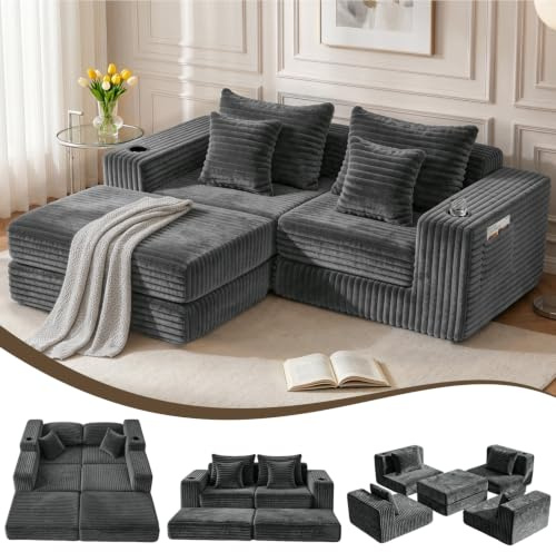 L Shaped Modular Sectional Sofa Bed, Convertible Cloud Boneless Couch, Grey | 5-in-1 Memory Foam Compressed Couches with Cup Holder & Storage bag, 203 cm Corduroy with 4 Pillows for Living Room