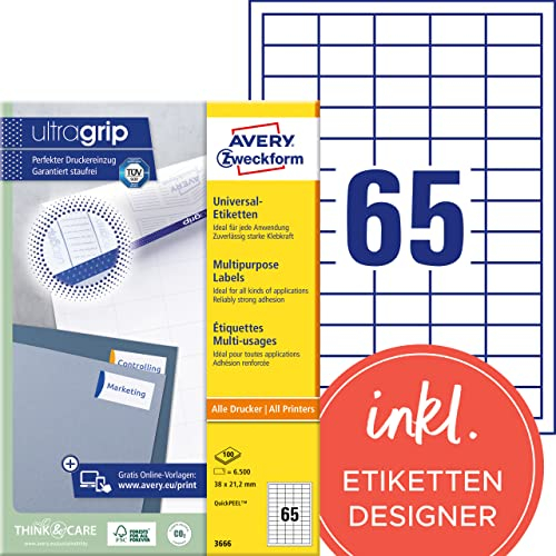 AVERY Zweckform 3666 Universal Etiketten (6.500 Klebeetiketten, 38x21,2mm auf A4, Papier matt, individuell bedruckbar, selbstklebende Aufkleber mit ultragrip) 100 Blatt, weiß