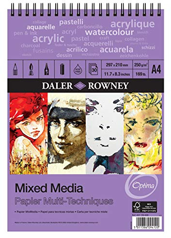 Daler-Rowney Optima 250gsm A4 Mixed Media Paper Pad 30 White Sheets | Lightly Textured, Mixed Media, Spiral Pad, Acid-Free, For Professional Artists & Students