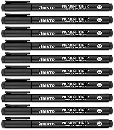 Aristo AR23505 Pigmentliner 0,5 mm (Fineliner mit hochpigmentierter Tinte, licht- und wasserbeständig, metallgefasste Spitze) 10 Stück, schwarz