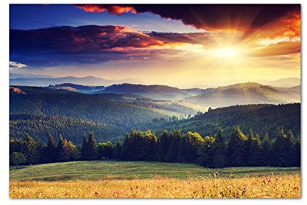 Augenblicke Wandbilder 120x80cm - Fotodruck auf Leinwand und Rahmen Landschaft Berge Wald Sonnenuntergang - Leinwandbild auf Keilrahmen modern stilvoll - Bilder und Dekoration