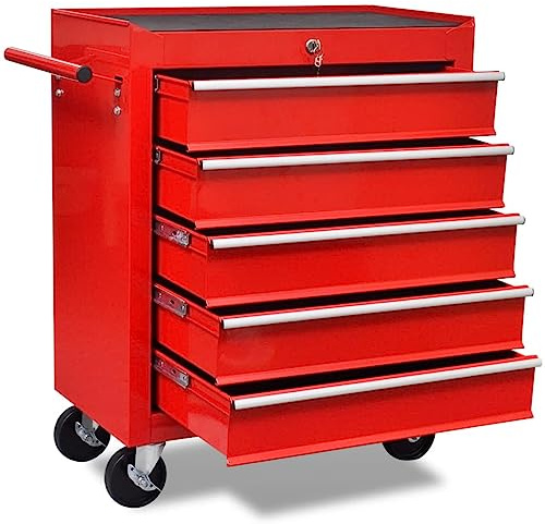 vidaXL Werkzeugwagen für Werkstatt, Rot, 5 Schubladen, Koffer mit Rollen