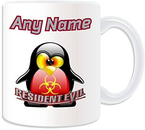 Personalisierbares Geschenk – Resident Evil Tasse (Pinguin-Videospielfigur, Kostüm-Design, weiß) mit Namensnachricht, einzigartig, lustig, Superheld, Superheld, Supercomputer RPG, Biohazard, Scary