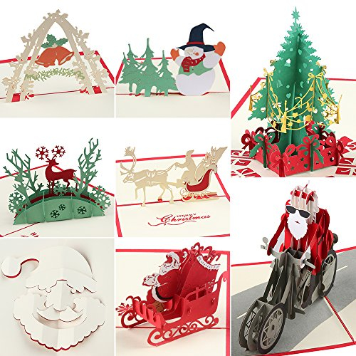 coohom 3D Weihnachten Karte mit Umschlag Set von 8– handgefertigt Papier Craft Pop Up Grußkarte für neue Jahr Geschenk – Xmas Baum, Schneemann, Rentier und Glöckchen