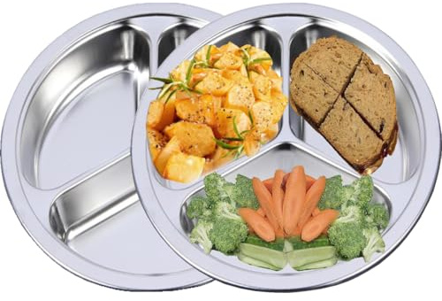AIYoo Stainless Steel Dinner Plates 2 Packs 8 Inch Portion Control Divided Plates for Adults Bariatric Weight Loss Diabetic Diet Reusable Camping Serving Round Dinner Plate 3 Compartment