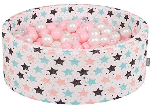 KiddyMoon 90X30cm/300 Balles ∅ 7Cm Piscine À Balles pour Bébé Rond Fabriqué en UE, Ecru:Rose Poudré/Perle/Transparent