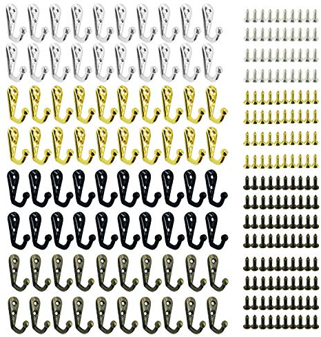 Woohome 80 PCS 4 Colors Wall Mounted Single Hook Double Hole Robe Hooks Coat Hooks and 160 PCS Screws for Hanging Key Hooks Jewelry