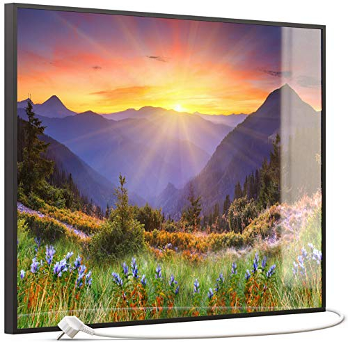 STEINFELD Heizsysteme® Glas Bild Infrarotheizung Heizpaneel mit Thermostat | Made in Germany | viele Motive 350-1200 Watt Rahmen schwarz (500 Watt, 034 Sonnenuntergang)
