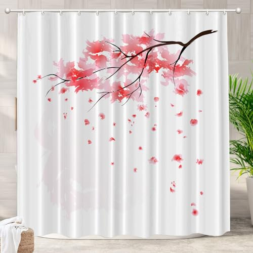 Batmerry Japanischer Baum-Blumen-dekorativer Duschvorhang, rosa Zweig, japanischer Kirschbaum, Blume, niedlich, lang, breit, mit rostfreien ÖSen für Badezimmer, wasserdicht, waschbar