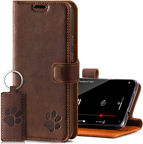 SURAZO Premium RFID Echt Lederhülle Schutzhülle mit Standfunktion - Samsung S21 5G Klapphülle Tasche mit Pfotenmotiv Handmade in Europa für Samsung Galaxy S21 5G
