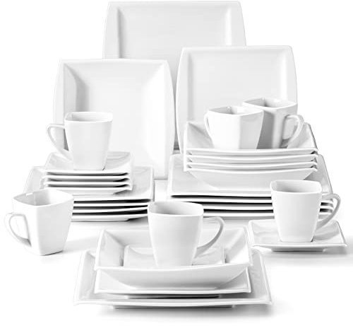 MALACASA, Série Blance, 30pcs Services de Complets, Vaisselles Porcelaine 6 Assiettes Plates, 6 Assiettes Creuse à Soupe, 6 Assiettes à Dessert, 6 Tasses avec 6 Soucoupes Plat pour 6 Personnes