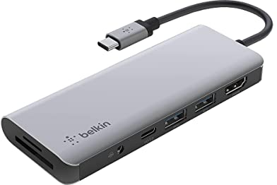 Belkin Hub USB-C multiport 7 en 1 (avec HDMI 4K, USB-C, 2 USB-A, Port Audio de 3,5 mm, Fente pour SD 3.0 et Micro-SD 3.0, pour MacBook Pro, MacBook Air, iPad Pro, XPS et Autres)