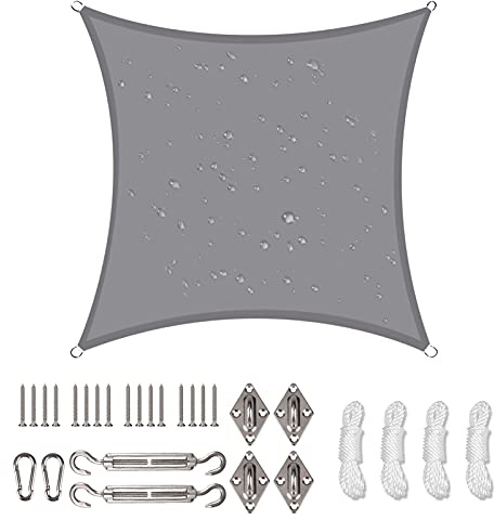 NAKIHOUSE Wasserdichtes Sonnensegel mit Seilbefestigungs-Sets, 3,6 x 3,6 m, quadratisches Sonnensegel mit 98 % UV-Schutz, für Garten und Terrasse (hellgrau)