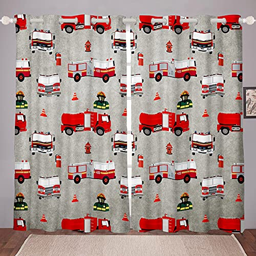 Loussiesd Kinder Feuerwehr Blickdichte Vorhänge Jungen Feuerwehr Feuerwehrmann Fenstervorhang 137x117cm Rotes Feuerwehrauto Fahrzeug Muster Vorhänge für Mädchen Schlafzimmer Dekor