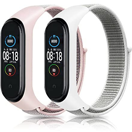 SeNool Nylon Armband Kompatibel mit Xiaomi Mi Band 6/Mi Band 5/Mi Band 4, [2 Stück] [Klettarmband] [Weiches, Atmungsaktives, Leichtes], Ersatzband für Mi Band 6/5/4/3 - Rosa + Weiß