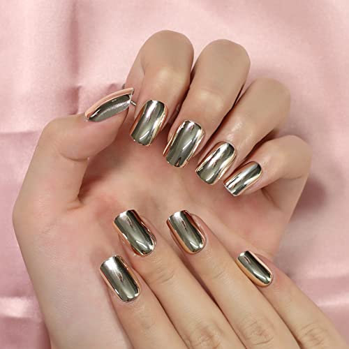 Lot de 24 faux ongles carrés métallisés effet miroir holographique brillant couverture intégrale laser acrylique