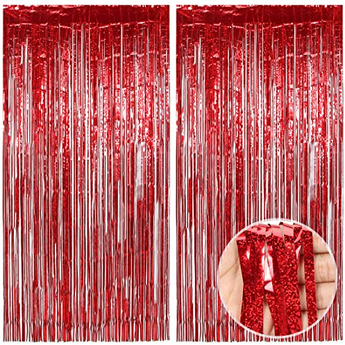 Lametta Vorhänge Rot Glitzer, 2 Stück Metallische Glitzervorhang Fringe 1m x 2m, Glitzer Tinsel Curtain, Folienfransen Vorhang für Weihnachtsbaum Geburtstage Festivals Party ​Bühnendekor