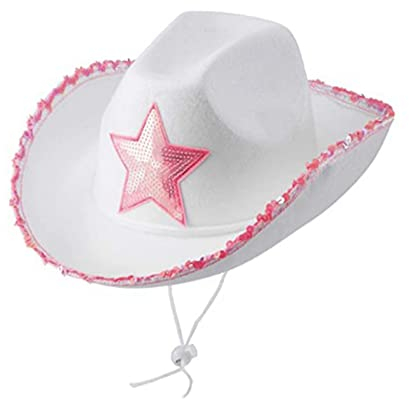 Geagodelia Filz Cowboyhut Damen Flauschig mit Federn Krempe Tiara Cowgirl Kostüm Hut Erwachsene Halloween Kostüme Karneval Partyhut (Paillettenstern Weiß, Einheitsgröße)