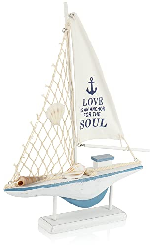 com-four® Maritimes Deko Segelschiff mit Muscheln - Boot aus Holz mit Leinen-Segel - nautische Deko fürs Badezimmer - Maritime Raumdekoration [Auswahl variiert] (01 Stück - Segelboot 35cm)