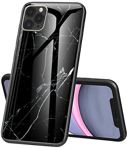 IMIRST Phone Case for Apple iPhone 11 Pro Max - Shockproof Protective Snap-on Case with Glass Back Shell Marble Pattern Design for Apple iPhone 11 Pro Max LS Marble Black