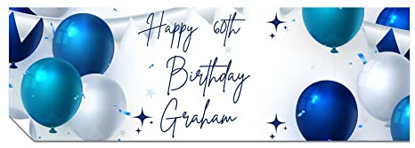 Personalised Birthday Banner, Add Name and Age, Blue Silver Party Poster | Happy Birthday Wall Decoration for Women, for Men, Heavyweight Paper, Vivid Print, Custom 6ft x 2ft, Him or Her