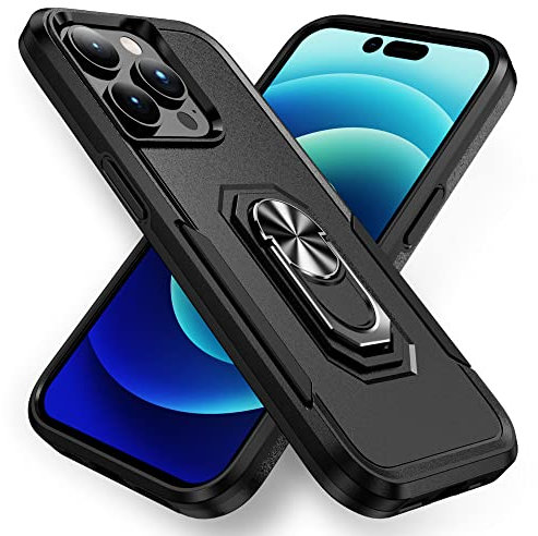 MilanNice Phone Case for iPhone 14 Pro Max,Shockproof Cover with Ring Holder Upgrade Durable Soft TPU Protective 360 Degrees Rotation Ring Grip,Black