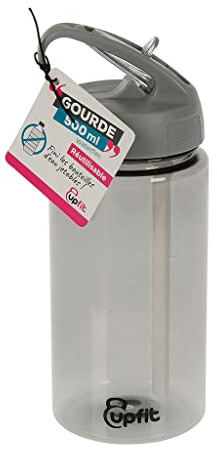upfit - Trinkflasche für Sport – mit einer einziehbaren Pipette – transparent – Farbe: Grau – nicht isoliert – einfach und praktisch – Öffnung mit einer Hand – 500 ml