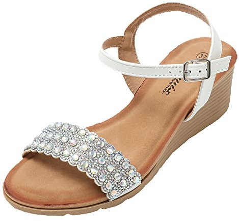 JOMIX Sandali Donna Estive Zeppa Eleganti Comodi Sandali Strass Tacco Largo SD8212-2 (Bianco, 37)