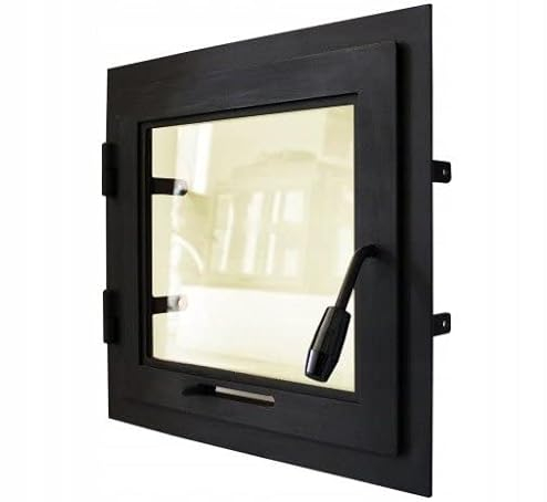 Puerta horno 70 x 52 cm, puerta chimenea con cristal para horno pizzero, hierro fundido. Sentido de apertura: izquierda | El mango está a la derecha. Con un collar.
