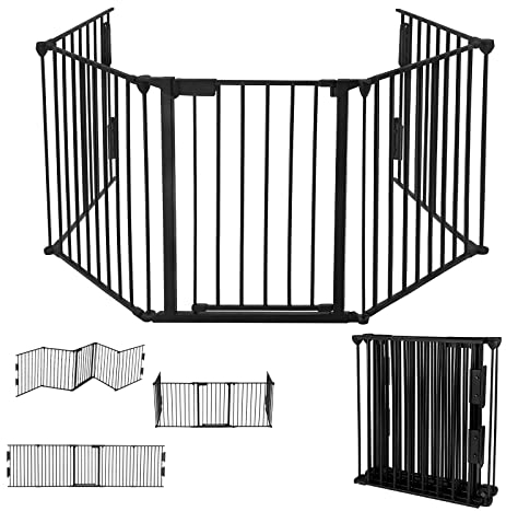 YRHome Rejilla de protección para chimenea plegable de metal con puerta, 300 cm de longitud total, 75 cm de altura, color negro, incluye 5 elementos para seguridad infantil