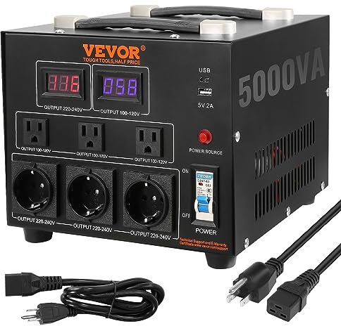 VEVOR Transformador Convertidor de Voltaje Sube/Baja 220-110V/110-220V Transformador de Potencia 5000W CE con 3 Enchufes NEMA 5-15R EE.UU. 3 Pines 3 Enchufes Shucko UE 1 Puerto USB 5V 1 Toma Tipo-C