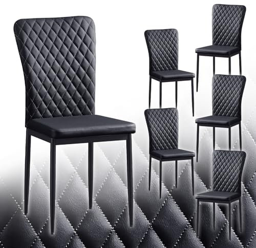 JaHECOME 6er Set Esszimmerstühle mit Kunstleder-Bezug, hoher Rückenlehne, Gitter Leichtbau Design, Essstuhl mit Metallbeine, für Esszimmer Küche Wohnzimmer (6, PU Schwarz)